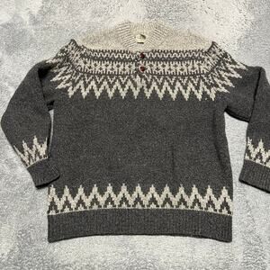LL Bean Sweater Mens XL Gray Nordic Fair Isle Ragg Henley Sweater Lambswool
